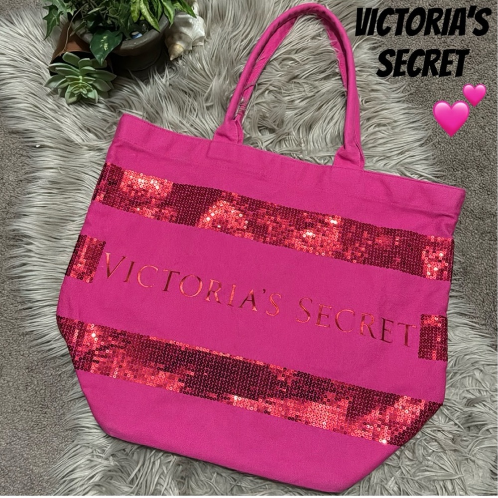 Victoria’s Secret Tote-Pink with Red Sequins-Canvas-Open Top-Guc